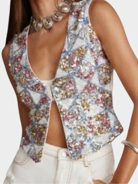 12th Tribe NWT Sequin Open Front Vest Top Large Pastel Geometric Festival Boho